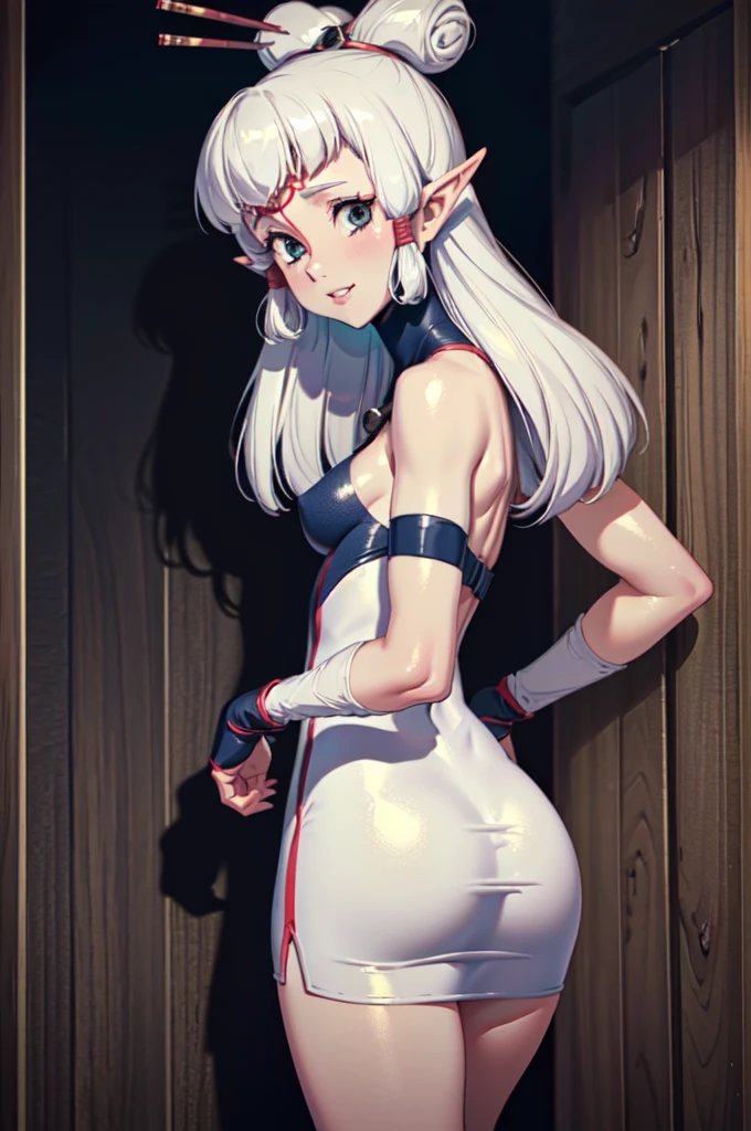 Paya, (masterpiece:1.1), (best quality:1.1), 1girl, Real light and shadow, anime face, 4k, 8k, wallpaper,epic, detail texture, Paya, elf ears, pointy ears, White hair, (blue eyes:1.5), ((((white hair:1.35, long hair)))),intricate eyes,beautiful detailed eyes, (symmetrical eyes,big eyes:1.5,(((lustrous skin:1.5,bright skin: 1.5,skin tanned,shiny skin,very shiny skin,shiny body,plastic glitter skin,exaggerated shiny skin,illuminated skin))),(detailed body,(detailed face)), cute, erotic,daring, jersey, number zero, basketball uniform, blue shorts, orange trim, shirt tucked in, from behind, tired, parted lips, looking at viewer, room, wooden wall, wooden floor, (Beautiful, small Breasts:1.2), natural breasts, best quality, masterpiece, very aesthetic, dress, jewelry, flower, wedding dress, veil, necklace, elbow gloves, smile, looking at viewer, (dynamic pose:1.0),happy,smile,(centered,scale to fit dimensions,Rule of thirds), highres,sharp focus,(ultra detailed,extremely detailed),(photorealistic artwork:1.37),(extremely detailed CG unity 8k wallpaper),(((vibrant colors,vibrant theme))),(intricate),(masterpiece),(best quality),