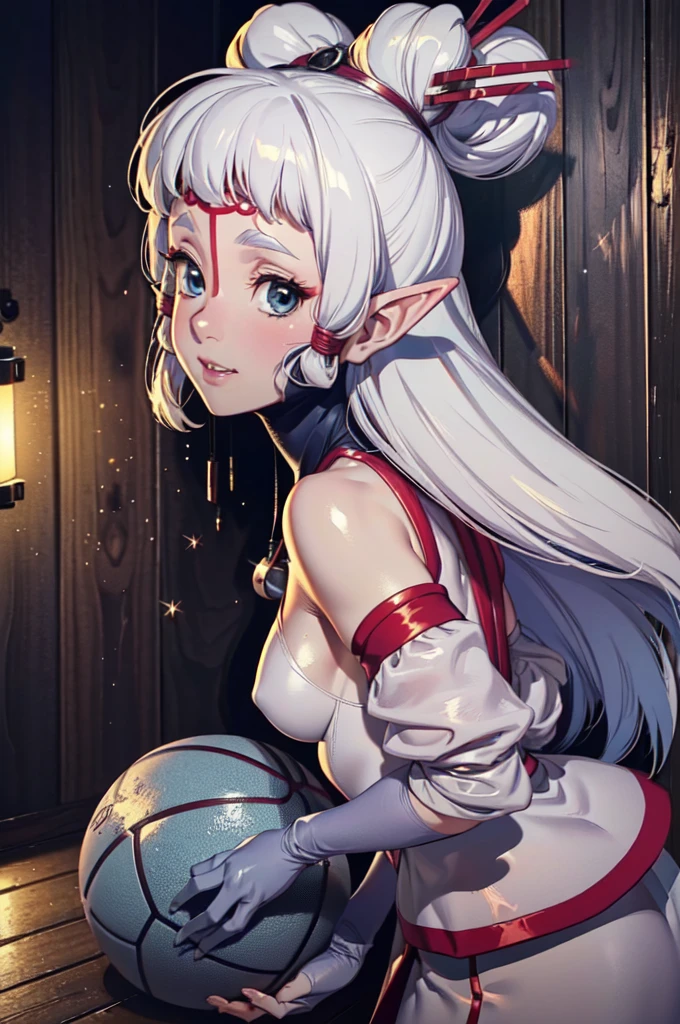 Paya, (masterpiece:1.1), (best quality:1.1), 1girl, Real light and shadow, anime face, 4k, 8k, wallpaper,epic, detail texture, Paya, elf ears, pointy ears, White hair, (blue eyes:1.5), ((((white hair:1.35, long hair)))),intricate eyes,beautiful detailed eyes, (symmetrical eyes,big eyes:1.5,(((lustrous skin:1.5,bright skin: 1.5,skin tanned,shiny skin,very shiny skin,shiny body,plastic glitter skin,exaggerated shiny skin,illuminated skin))),(detailed body,(detailed face)), cute, erotic,daring, jersey, number zero, basketball uniform, blue shorts, orange trim, shirt tucked in, from behind, tired, parted lips, looking at viewer, room, wooden wall, wooden floor, (Beautiful, small Breasts:1.2), natural breasts, best quality, masterpiece, very aesthetic, dress, jewelry, flower, wedding dress, veil, necklace, elbow gloves, smile, looking at viewer, (dynamic pose:1.0),happy,smile,(centered,scale to fit dimensions,Rule of thirds), highres,sharp focus,(ultra detailed,extremely detailed),(photorealistic artwork:1.37),(extremely detailed CG unity 8k wallpaper),(((vibrant colors,vibrant theme))),(intricate),(masterpiece),(best quality),
