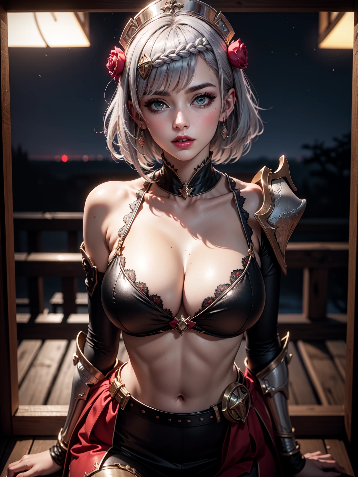 ((masterpiece)),(bestquality),((ultra-detailed)), ((beautiful detailed sky)), ((cinematic lighting)), depth of field, (dynamic angle),detailed lighting,(beautiful detailed eyes), ((japan night view)),red lip, eyeshadow,large breast, (erotic), ((sexy)), cleavage, navel, (noelledef, noellernd)