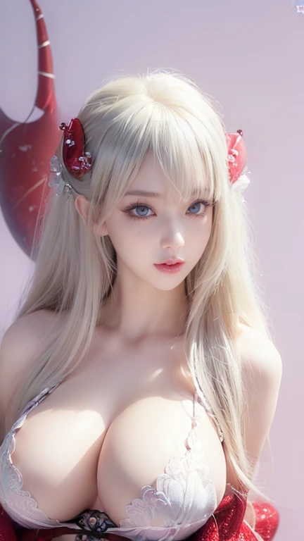 ((Highest quality))、((Very detailed))、(Detailed eyes:1.6))、((Temptation Pose:1.6))、(Huge breasts:1.3)、Platinum Blonde Hair、Black underwear、Shooting from below