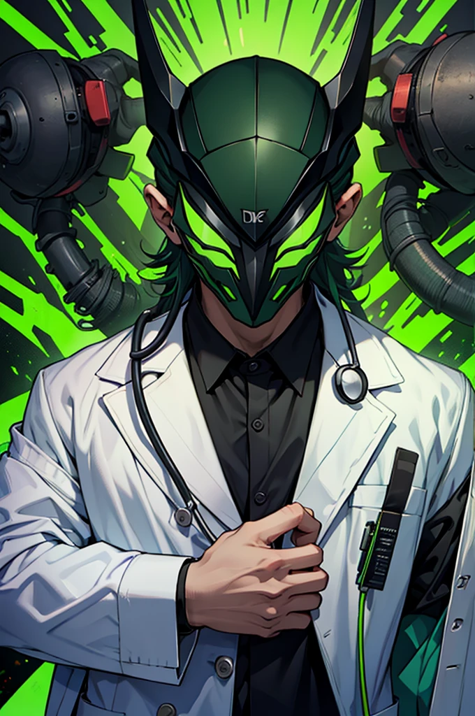 Crazy looking doctor wearing green and black and has three arms as well as a mask