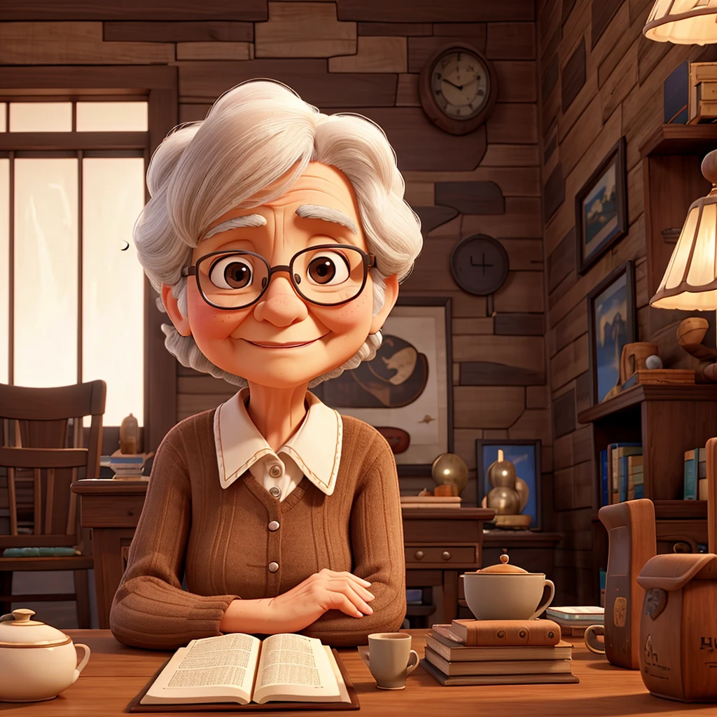 Grandma Elizabeth，Brown eyes，Sitting at the table in the spacious study，Holding a thick Bible，Watching us talking