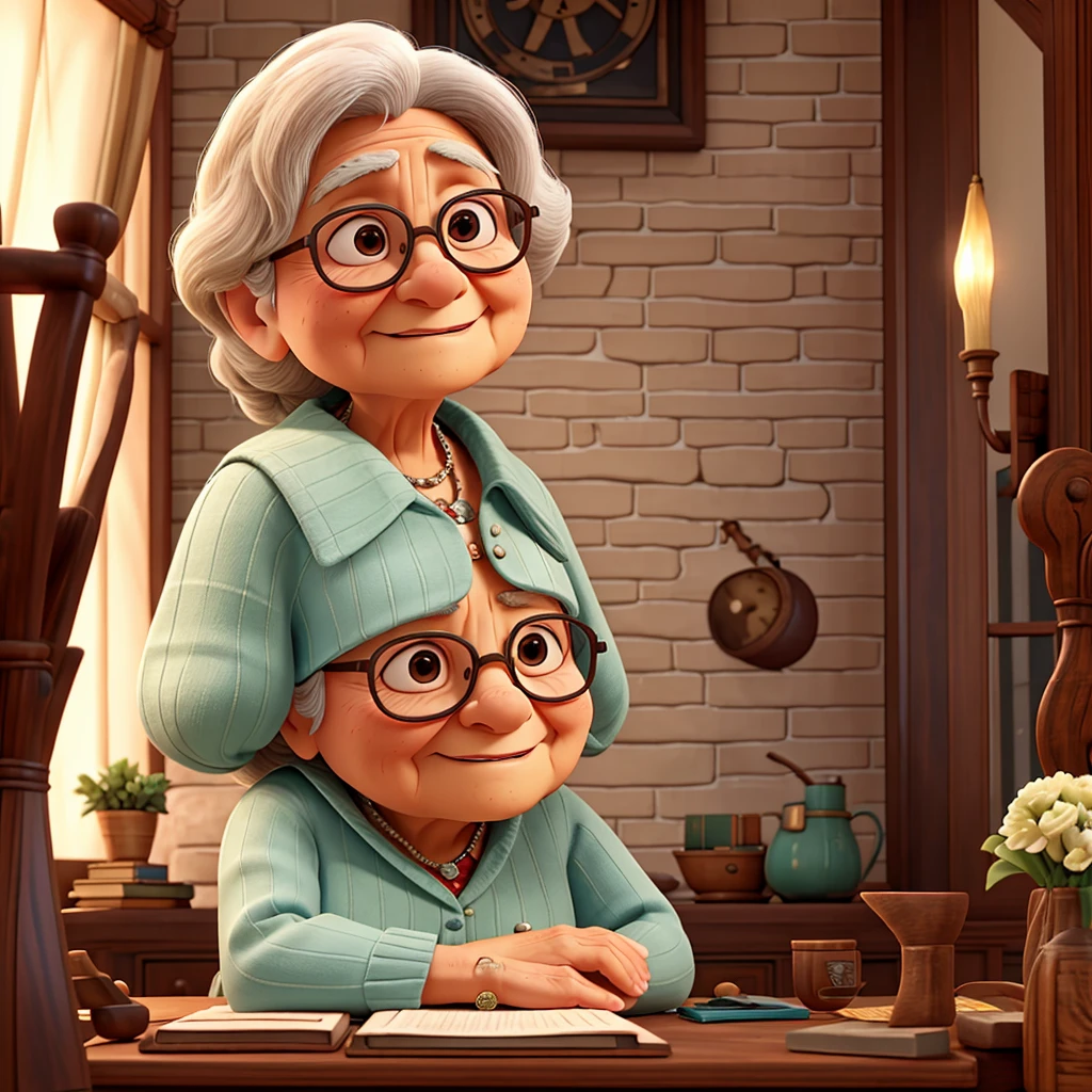 Grandma Elizabeth,Brown eyes,Sitting at the table in the spacious study,Holding a thick Bible,Watching us talking