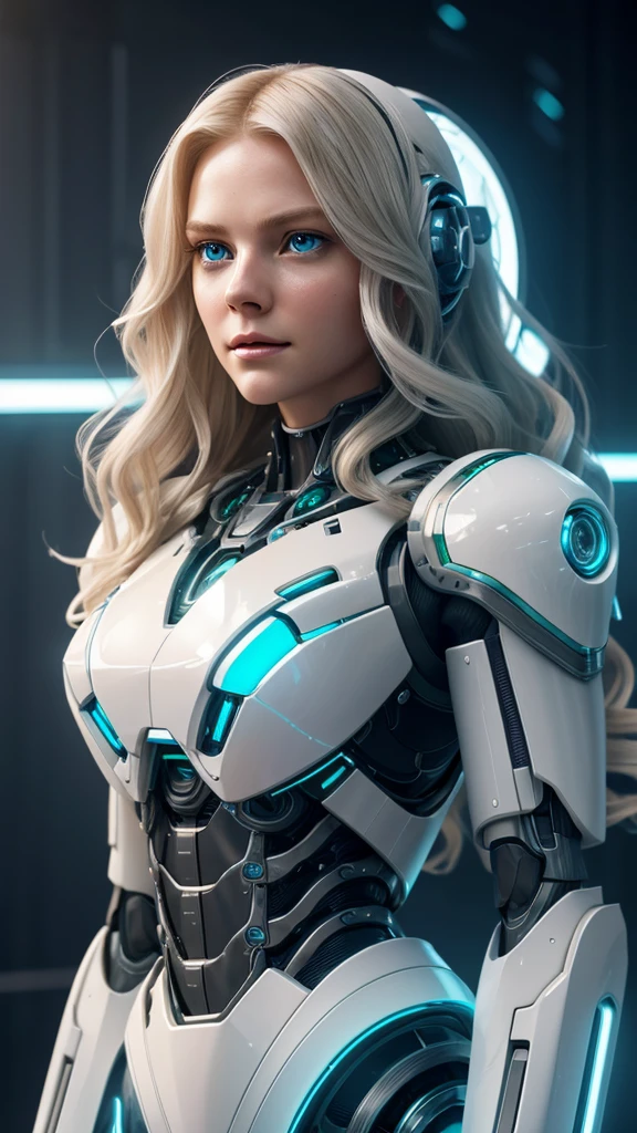 A delicate and feminine-looking futuristic white robot, with a humanized face seamlessly blending mechanical features and gears, long wavy blonde hair, and deep emerald and blue eyes, 8k, ultra-detailed, photorealistic, cinematic lighting, concept art style, award winning