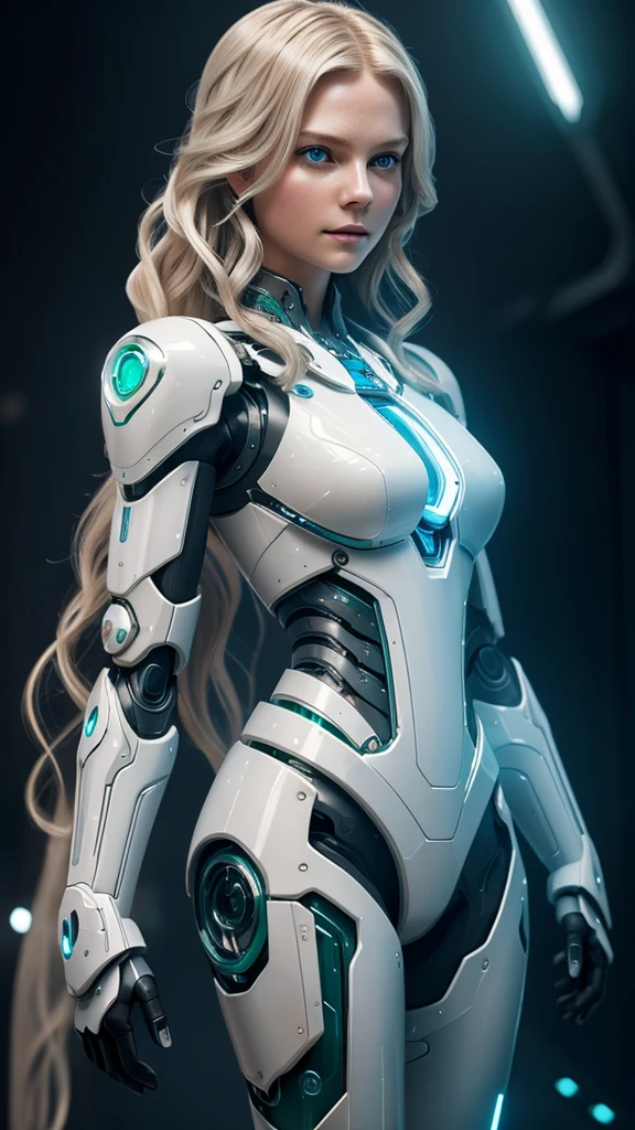 A delicate and feminine-looking futuristic white robot, with a humanized face seamlessly blending mechanical features and gears, long wavy blonde hair, and deep emerald and blue eyes, 8k, ultra-detailed, photorealistic, cinematic lighting, concept art style, award winning