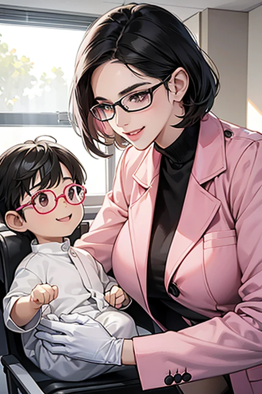 A mature woman with black hair and glasses wearing a white lab coat and large pink rubber gloves is holding a baby in a hospital room while smiling.