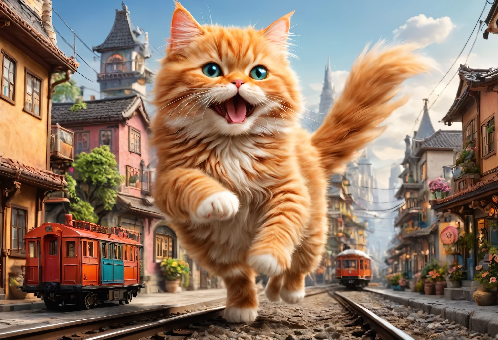 A giant cat is running amok in a miniature town,Cat lifting a train,big cat:cute:fluffy:超cute:big size,diorama:line:train,ultra joyful,happy,happiness,destroy and play,Diorama and cat,masterpiece,The highest masterpiece,A wonderful photo that makes the viewer feel happy,anatomically correct,structurally correct,cool lighting,perfect composition,best configuration,rich colors,Cast colorful spells,intricate details,in detail,fantasy,reality,Fluffy cat,Super cute cat,wonderful,cat is too big,the city is too small,minuet