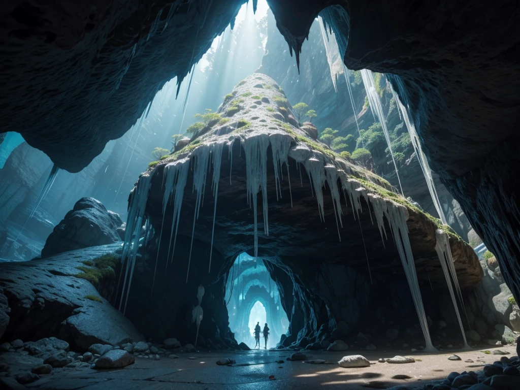 a large white crystal in a cave, with stalactites and stalagmites, in a D&D-like setting, with a secret passage to another dimension and the crystal glowing with a soft light in a more distant oriental style, with magic around the crystal and in an RPG setting with mysterious and enigmatic secret passage with blue fire around it and the crystal about 100 meters away from vision