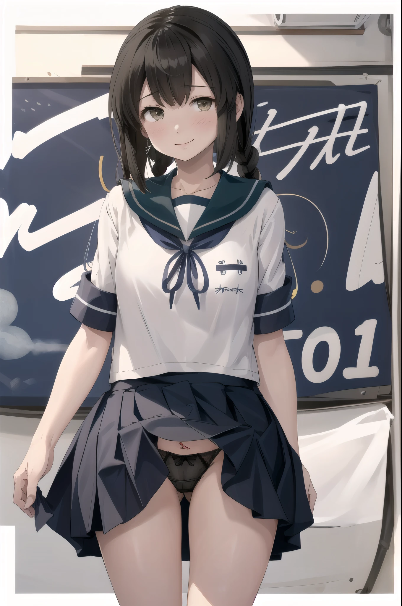Isonami KC, Isonami Uniform, One girl, Solo White Seravuk, , Short sleeve, skirt, blue skirt, Twin Blade, Blue sailor collar, View your viewers, ,((panties))
