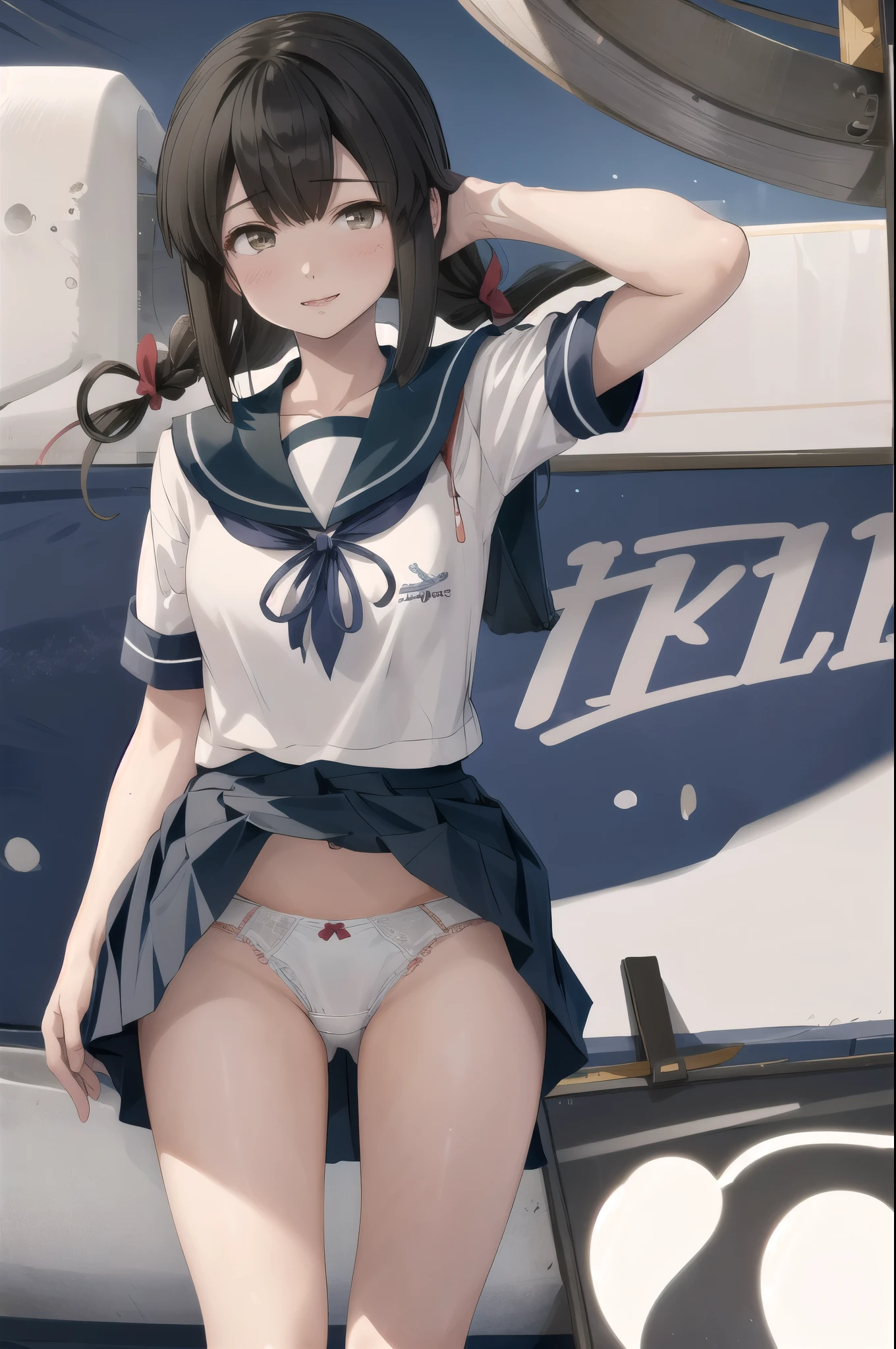 Isonami KC, Isonami Uniform, One girl, Solo White Seravuk, , Short sleeve, skirt, blue skirt, Twin Blade, Blue sailor collar, View your viewers, ,((panties))