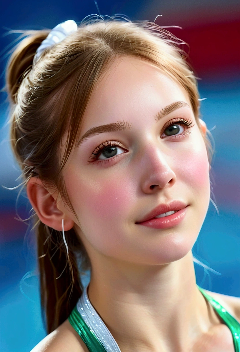 (Female athlete swimming towards the finish line at the Paris Olympic swimming stadium_Delicate nose and beautiful face, delicate eyes, delicate lips, neatly tied hairstyle, pale skin), (Best quality, 4K, 8K, High resolution, Masterpiece: 1.2), Highly detailed, (Realistic, Realistic, Realistic: 1.37), White sportswear_Intricate and detailed, Sports, People, Dynamic poses, Outdoor scene, Stadium structure, Bright sunlight, Vivid colors