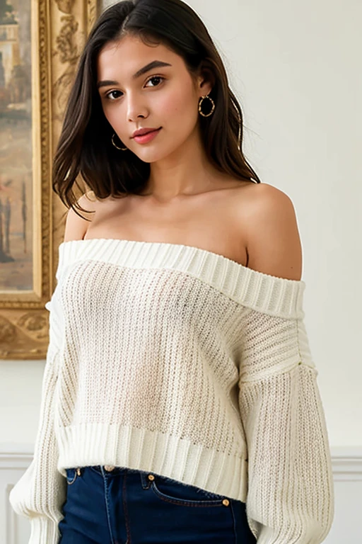 ((best quality)), ((Masterpiece)), (details), 1 girl, open shoulder sweater,