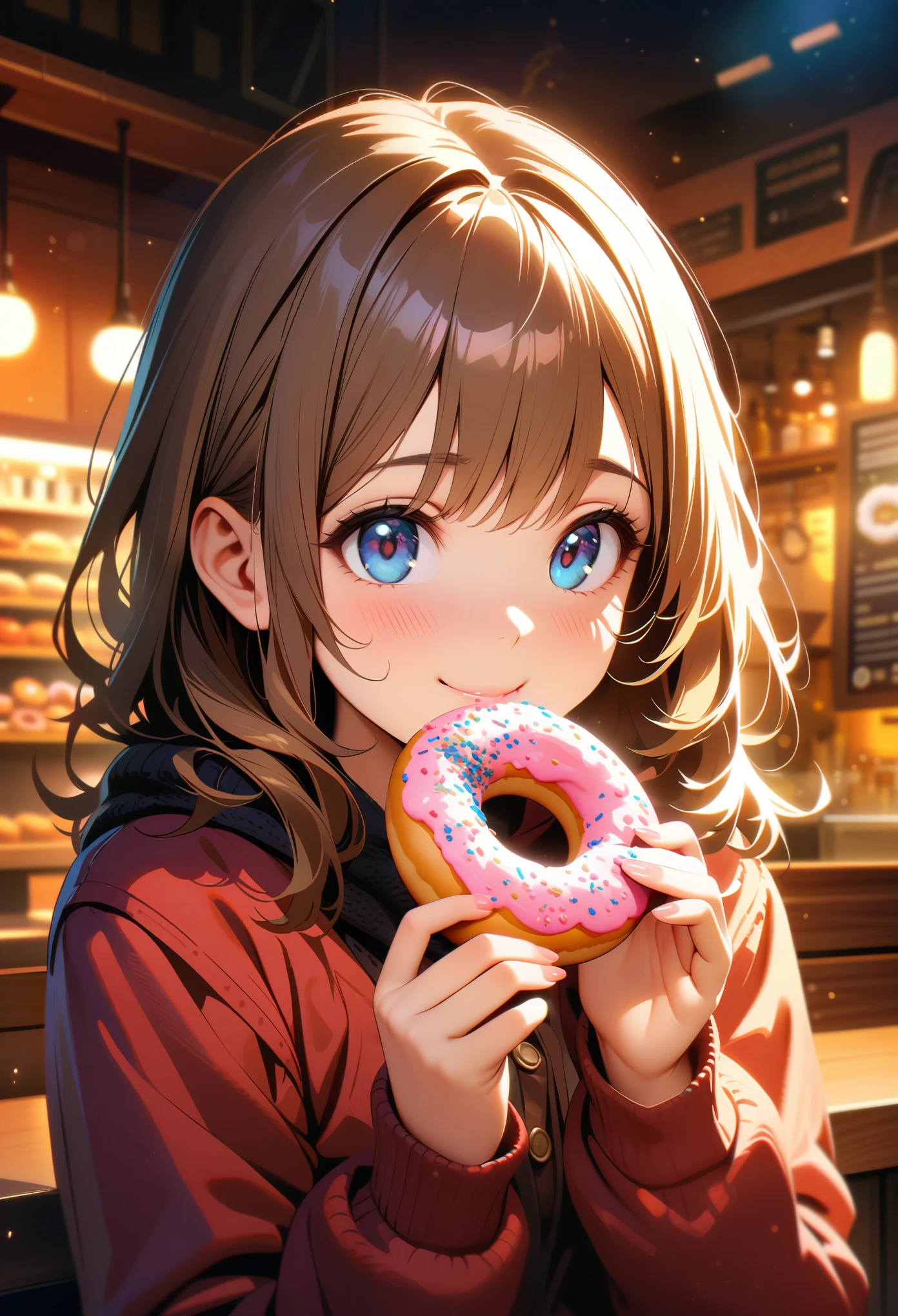 Masterpiece, Best Quality, Super Detailed, High Definition, HDR, Realistic, Depth, Fine Texture, Super Fine, Complete concentration, (cute girl eating donuts), big round eyes, soft blush, adorable expression, smiling, (holding a colorful donut), sprinkles, icing, sweet and tasty, cozy cafe background, warm lighting, fluffy hair, detailed donut, beautiful detailed eyes, beautiful detailed lips, extremely detailed face, Cinematic light, vivid colors, ultra-detailed, intricate details, lens flare, particles, cozy and warm atmosphere