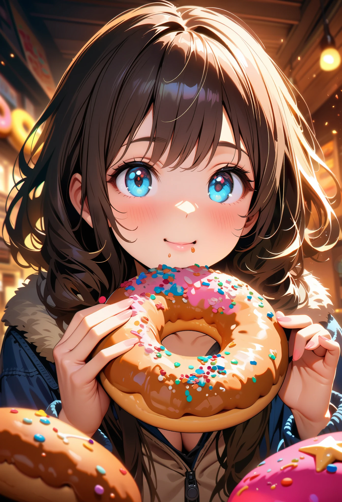 Masterpiece, Best Quality, Super Detailed, High Definition, HDR, Realistic, Depth, Fine Texture, Super Fine, Complete concentration, (cute girl eating donuts), big round eyes, soft blush, adorable expression, smiling, (holding a colorful donut), sprinkles, icing, sweet and tasty, cozy cafe background, warm lighting, fluffy hair, detailed donut, beautiful detailed eyes, beautiful detailed lips, extremely detailed face, Cinematic light, vivid colors, ultra-detailed, intricate details, lens flare, particles, cozy and warm atmosphere
