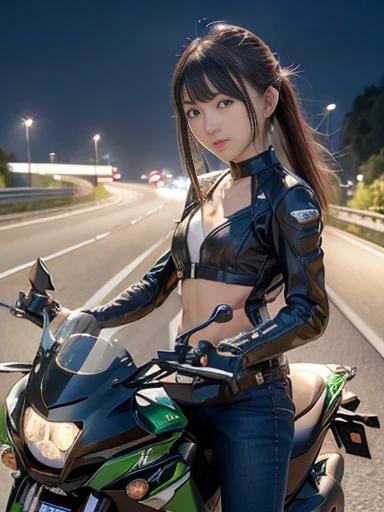 Japanese female, (underweight), (flat chest best quality:1.5), (highway), motorcycle, (riding Kawasaki super sport motorcycle:1.2), messy hair, (idol:1.2), (Riding a Kawasaki super sports motorcycle on the highway), Japanese, (Enjoyable Scene), ((on the road)), with a full moon, (at midnight:1.2), structural, closeup shot, from below