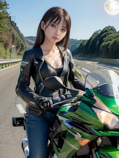 Japanese female, (underweight), (flat chest best quality:1.5), (highway), motorcycle, (riding Kawasaki super sport motorcycle:1.2), messy hair, (idol:1.2), (Riding a Kawasaki super sports motorcycle on the highway), Japanese, (Enjoyable Scene), ((on the road)), with a full moon, (at midnight:1.2), structural, closeup shot, from below