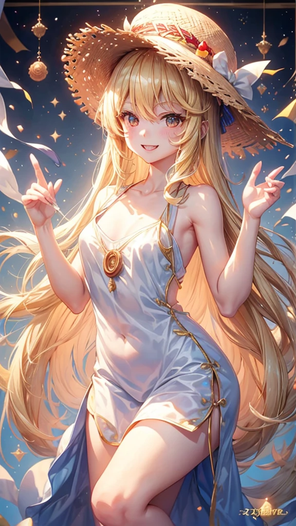 Blonde long straight hair、Inside the donut shop、Golden Eyes、White sleeveless、Straw hat、vampire、 body type、Highest quality、Double teeth、cute、Slanted Eyes、smile