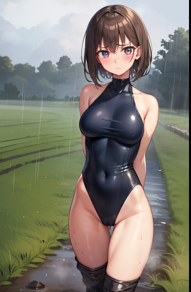 field,Get in the mud,1 girl,rain,cloudy,fog,Sweat,The body is covered in mud,Shortcuts,Bob Hair,Brown Hair,Blue leotard,Super High Leg Cut,thin,barefoot,blush,Serious face,Large Breasts,Covered with mud all over the body,