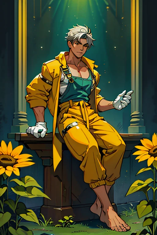 Full body image of a young 17 year old man, large and defined, radiating a serene and welcoming aura. Seu cabelo, medium length and silver strands that shine under the light, It's tied effortlessly into a bun on top of the head.. Their eyes, of an intense silver tone, convey calm and understanding, as if they could see directly into the soul of the person looking at them.
He wears a pair of sturdy fabric gardening overalls., but comfortably fitted to the body, green in color. Under the overalls, wears a yellow tank top. About the jumpsuit, a heavenly jacket coat, yellow in color, moves gracefully with the breeze, as if it were an extension of your own essence. These veils, in addition to decorating, seem to emanate a soft glow, giving it an almost ethereal appearance. He also wears a sash belt and is barefoot., with plants around the legs, and white gloves.
He also wears a sunflower crown on his head..