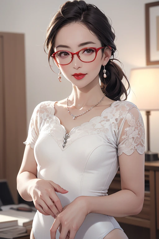 Beautiful and mature 55 year old Japanese woman, 1 female, Married women, Long eyelashes, Low Ponytail, Flowing Hair, Please open your mouth a little, Red lipstick, Rosy Cheeks, Pearl Necklace, Earrings, Dark eyeshadow, Wear glasses, Small breasts, White leotard, ((Full body emphasis)), (Highest quality,4K,8k,High resolution,masterpiece:1.2),Very detailed,(Realistic,photoRealistic,photo-Realistic:1.37),High resolution,超High resolution,Studio Lighting,Ultra-fine painting,Sharp focus,Physically Based Rendering,Very detailed説明,Professional,Vibrant colors,Bokeh,Portraiture