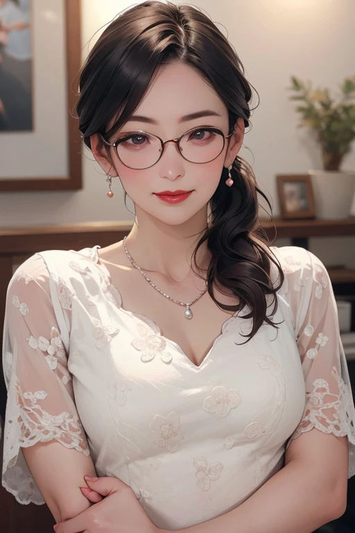 Beautiful and mature 55 year old Japanese woman, 1 female, Married women, Long eyelashes, Low Ponytail, Flowing Hair, Please open your mouth a little, Red lipstick, Rosy Cheeks, Pearl Necklace, Earrings, Dark eyeshadow, Wear glasses, Small breasts, White leotard, ((Full body emphasis)), (Highest quality,4K,8k,High resolution,masterpiece:1.2),Very detailed,(Realistic,photoRealistic,photo-Realistic:1.37),High resolution,超High resolution,Studio Lighting,Ultra-fine painting,Sharp focus,Physically Based Rendering,Very detailed説明,Professional,Vibrant colors,Bokeh,Portraiture