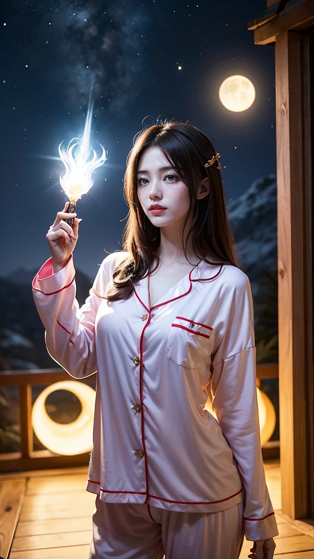 Illustrate Lulu from League of Legends in her Pajama Guardian skin,massive k-cups, dressed in cozy pajamas with star and moon patterns. Show her using her Help, Pix! ability, where her fairy companion Pix launches a magical bolt of light towards an ally, enveloping them in a comforting glow