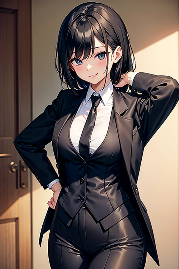 Sexy woman in a black vest suit tie smile