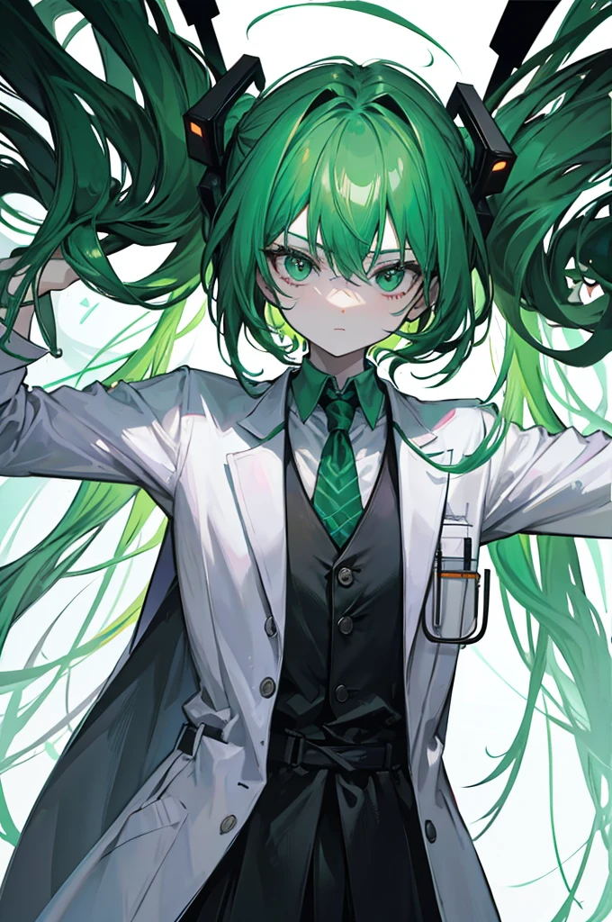 Crazy looking doctor wearing green and black and has three arms as well as a mask
