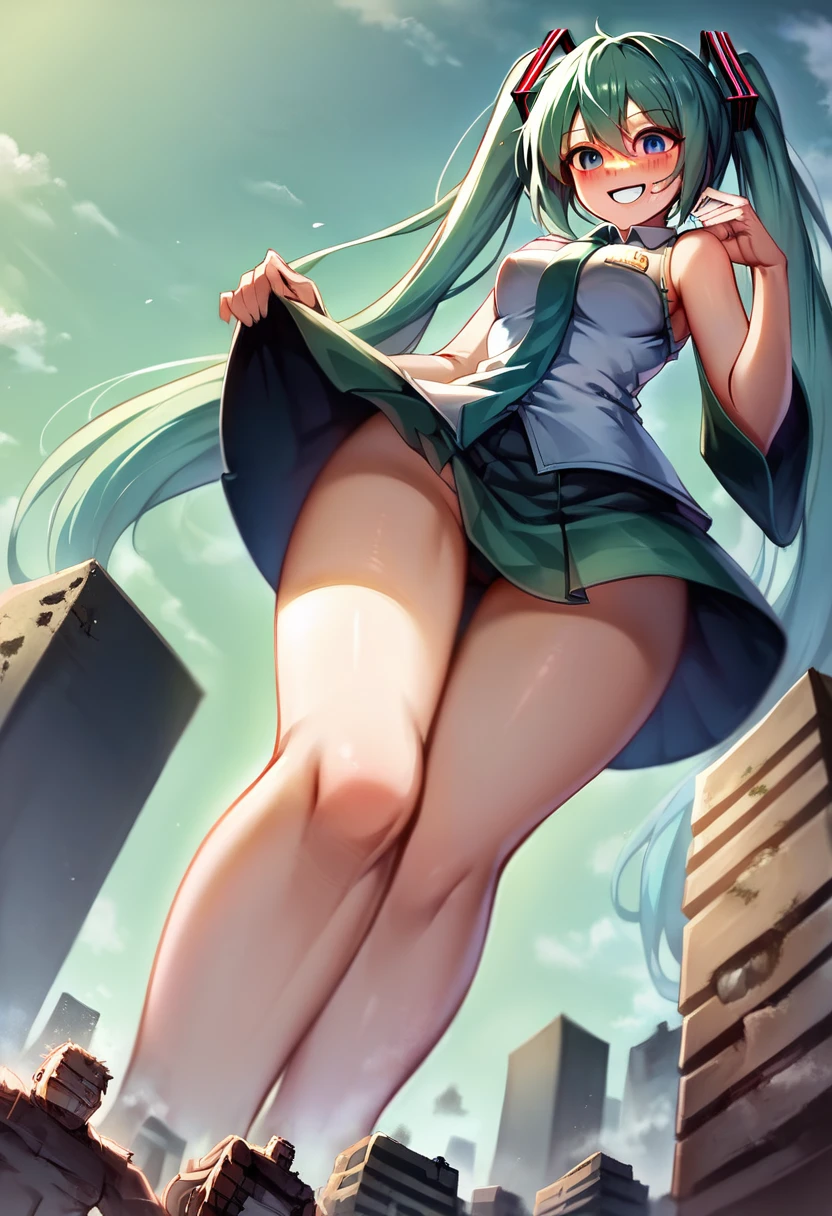 Destructive illustration、giantess、Giantess、Hatsune Miku、smile、The giant woman who will destroy the world、Soldiers being trampled、Blood splatters all over the place.、The end of the world、Big cities to be destroyed、ruined big city、rubble、Soldiers are fighting、storm、thunder、heavy rain、The fugitive々、A lot of people、Panicking crowd、A city left in ruins by the tsunami、Looming、Appear、Low - Angle、Realistic City、rubbleの小さな街、A distant view of a miniature skyscraper town