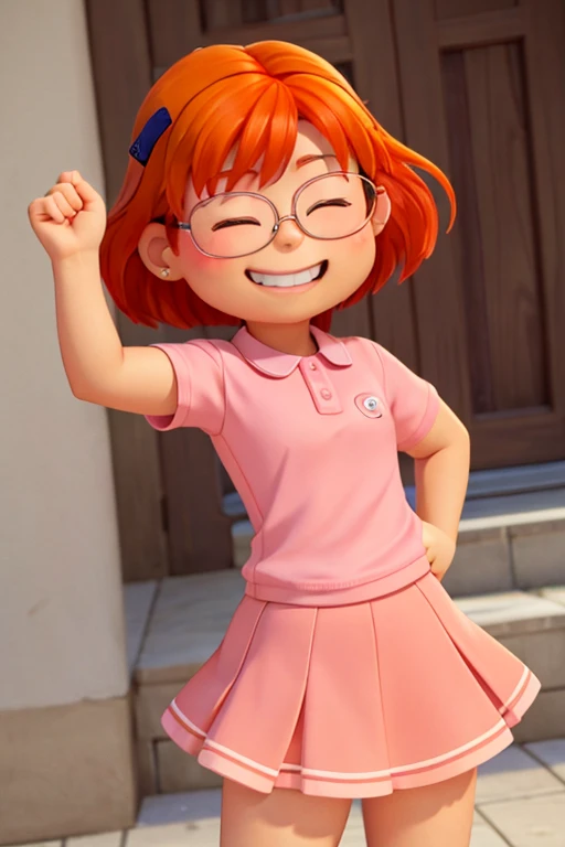 Meilin Lee, orange hair, glasses, pink shirt, skirt, smiling, eyes closed