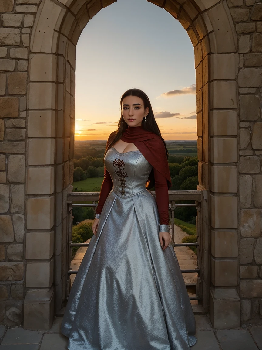 Gorgeous and sultry busty athletic (thin) brunette queen with sharp facial features wearing a modest updo, dark red medieval dress, long sleeves, intricate patterns, scrollwork, wide neck, crown, veil, long dress, modest dress, tight bodice, (silver waist chain), medieval jewelry, Middle Ages, castle, rampart, wall, exterior, on top of a castle wall, trees, countryside, evening, sunset.