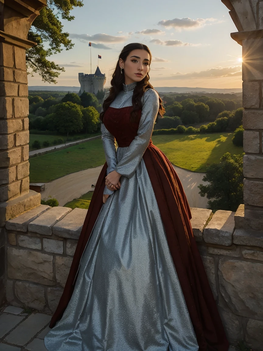 Gorgeous and sultry busty athletic (thin) brunette queen with sharp facial features wearing a modest updo, dark red medieval dress, long sleeves, intricate patterns, scrollwork, wide neck, crown, veil, long dress, modest dress, tight bodice, (silver waist chain), medieval jewelry, Middle Ages, castle, rampart, wall, exterior, on top of a castle wall, trees, countryside, evening, sunset.