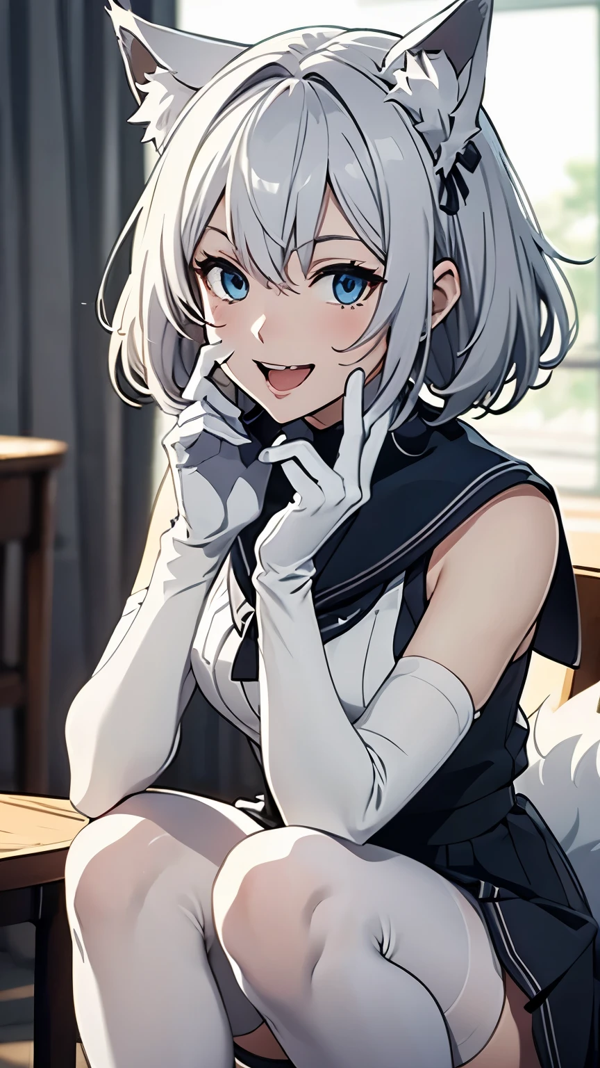 Tabletop　High resolution　Best image quality　8k　 Adult female　Anime Style　White long gloves（Elbow Gloves）　White Sailor Suit（Sleeveless）　mini skirt　White Pantyhose　White wolf ears　short hair（（Shortcuts）（Gray Hair）（Perm）（fluffy））　blue eyes　Attractive face（（Laughter）（smile）（Open your mouth））　squat　loafers