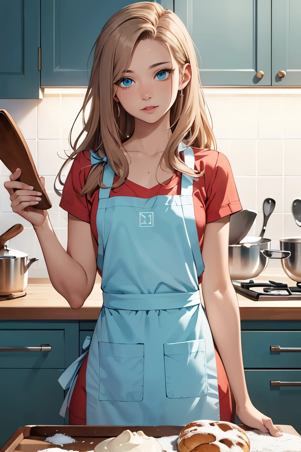 (masterpiece), best quality, expressive eyes, symmetrical eyes, perfect face, light blue eyes, long straight hair, ((light brown hair)), perfect skin, (femboy), ((small chest)), (mature adult), (no breasts), thick lips, dick bulge, ((solo)), ((cyan apron)), detailed background, kitchen, ((baking)), holding bowl