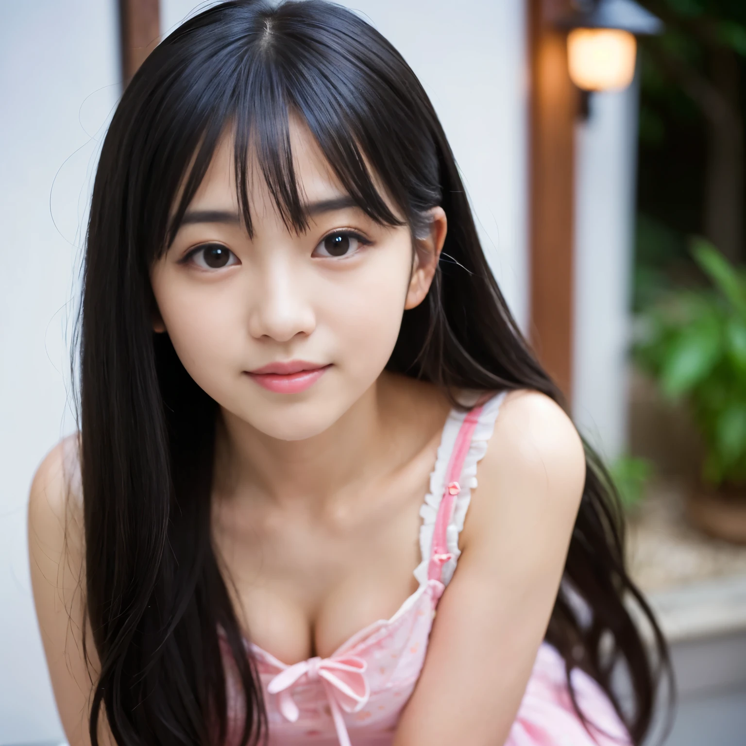(Best-quality, Masterpiece, Ultra-High-Resolution, (Photorealistic:1.4), Raw Photo, depth of field, professional lighting, perfect anatomy, extremely details), (1girl, 15-years-old, the most famous Japanese idol), (((extremely excited))), wearing light-pink casual-dress with cute-design, looking at viewer, ((((extremely beautiful and extremely realistic skins)))), (((extremely cute face like the most popular Japanese idol)), (((extremely cute and extremely big black-eyes))), (extremely beautiful black-long-hair), (extremely cute long-eyelashes), (extremely cute lips))