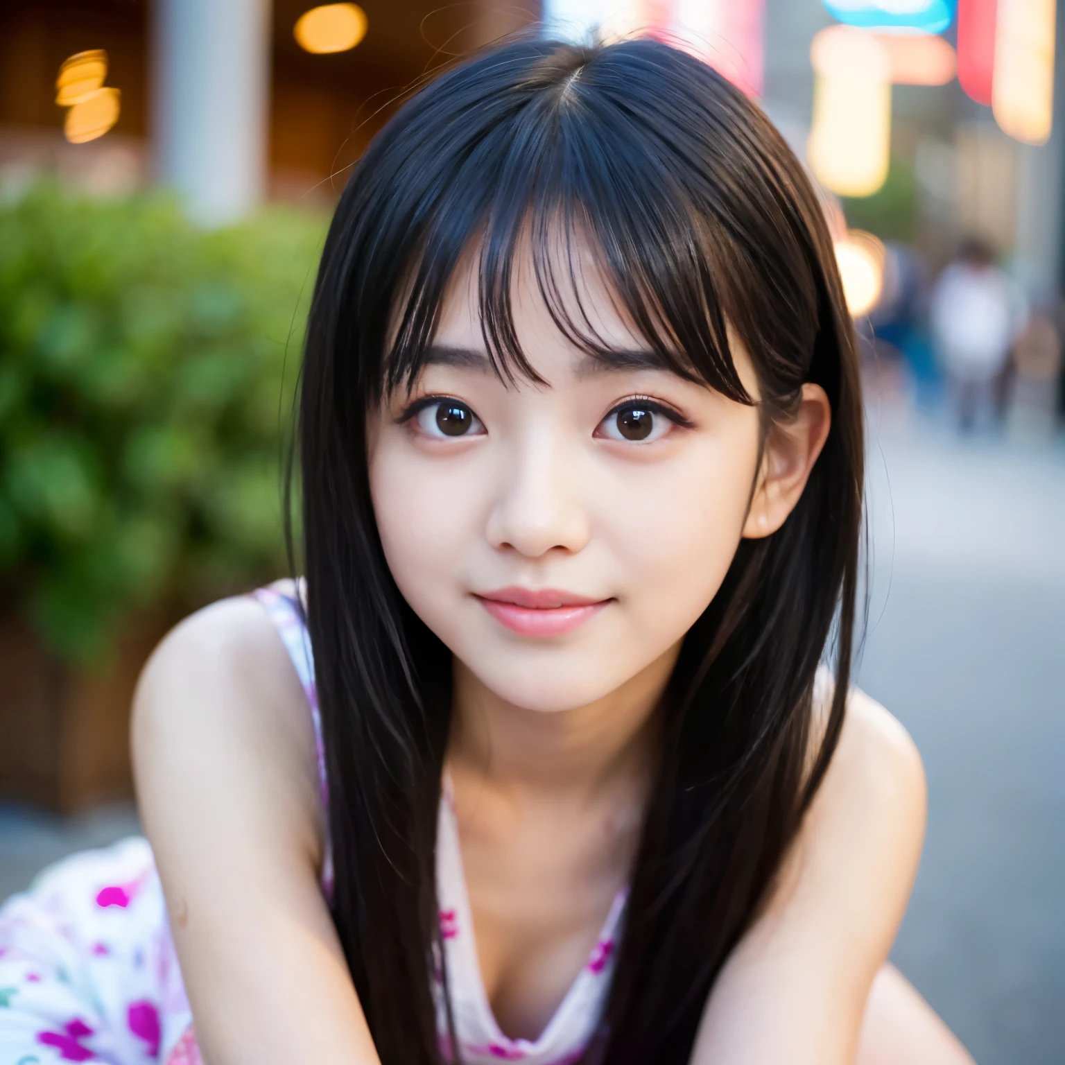 (Best-quality, Masterpiece, Ultra-High-Resolution, (Photorealistic:1.4), Raw Photo, depth of field, professional lighting, perfect anatomy, extremely details), (1girl, 15-years-old, the most famous Japanese idol), (((extremely excited))), wearing light-pink casual-dress with cute-design, looking at viewer, ((((extremely beautiful and extremely realistic skins)))), (((extremely cute face like the most popular Japanese idol)), (((extremely cute and extremely big black-eyes))), (extremely beautiful black-long-hair), (extremely cute long-eyelashes), (extremely cute lips))