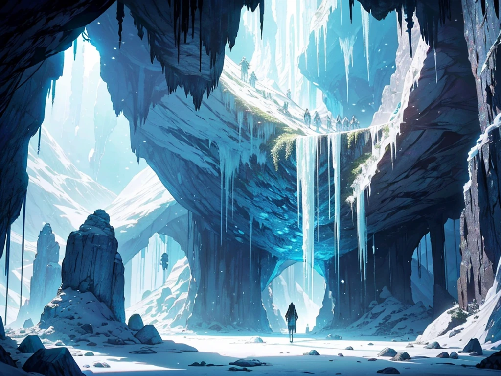 a large white crystal in a cave, with stalactites and stalagmites, in a D&D-like setting, with a secret passage to another dimension and the crystal glowing with a soft light in a more distant oriental style, with magic around the crystal and in an RPG