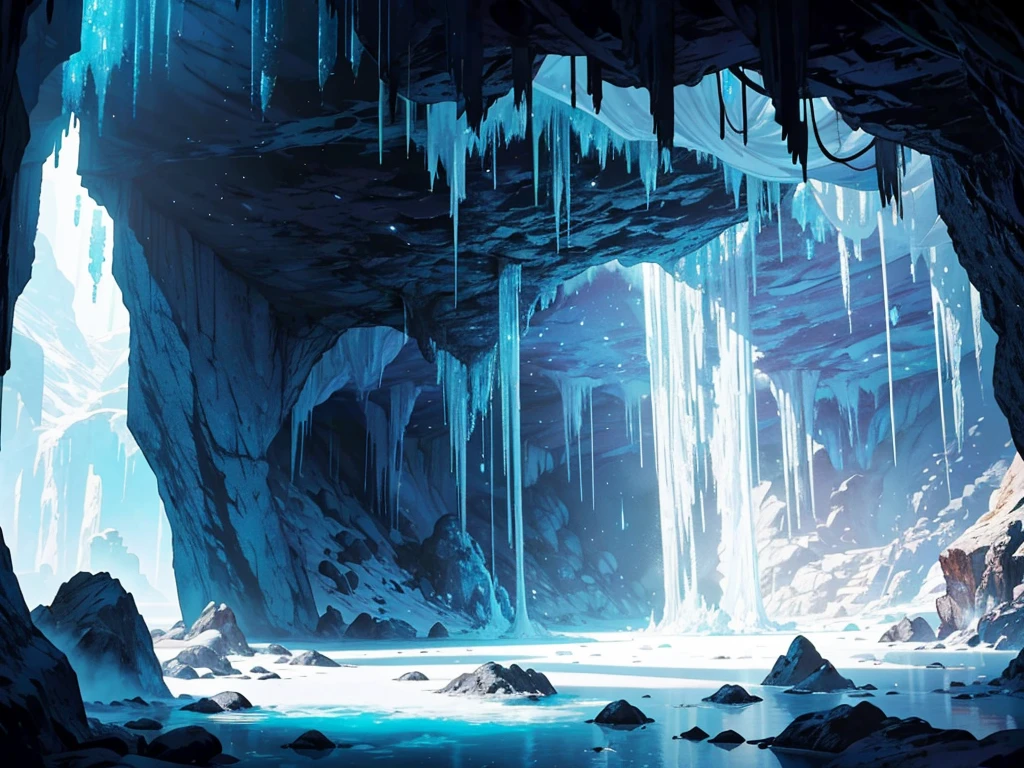 a large white crystal in a cave, with stalactites and stalagmites, in a D&D-like setting, with a secret passage to another dimension and the crystal glowing with a soft light in a more distant oriental style, with magic around the crystal and in an RPG