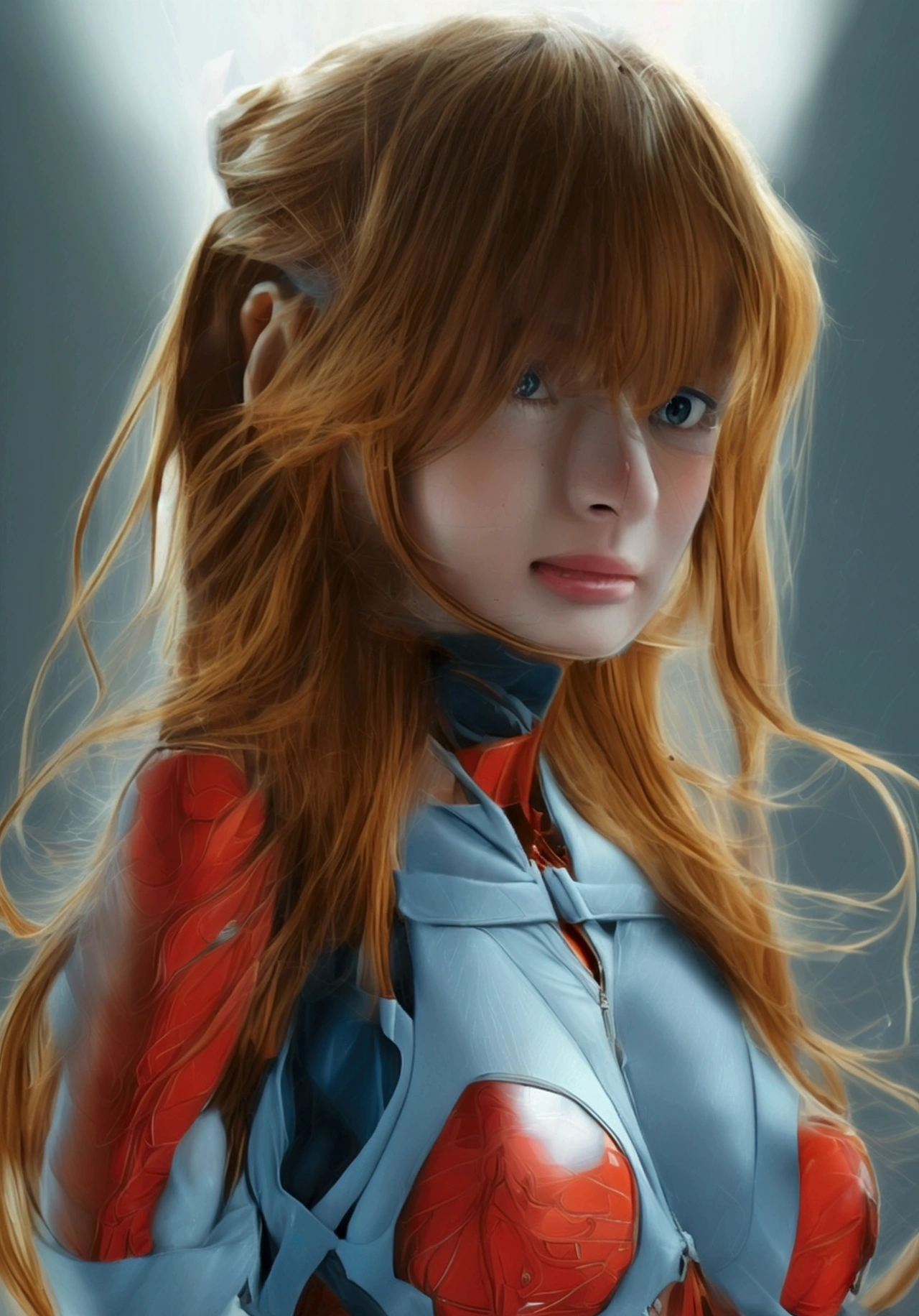 masterpiece, ((Very detailed background, Delicate pattern, Intricate details)), (Very detailed, Finer details), Highest quality, Beautiful lighting, ((Center of chest, Slim girl)), (High resolution:1.5),(practical:1.5),(reality:1.5), Not anime, 8k, realistic, High resolution, Clear photos, whole body, Head-to-foot image, Souryuu_Asuka_Langley, ((Bodysuits, red, metalic)), One Girl, (Interface headset, red, metalic), light brown Hair, Long Hair, Hair between the eyes, Blue eyes, smile, (Complex and detailed background, urban city, Modern Buildings, outside, Modern environment)