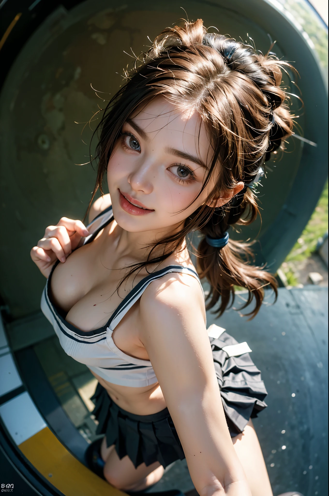Highest quality, masterpiece, Ultra-high resolution,8k, (Realistic:1.6), (Face-to-face selfie portrait) ((Slender body:1.2)),(Nude soft looking medium breasts)),(Realistic breast texture:1.4)),((Nipples seem to be visible)),RAW Photos, 1 girl,(Full of smiles, Showing teeth)), 22 years old,((Korean Idol Fashion)),((Pleated mini skirt uniform and Uniqlo bra top)),((top ponytail hair)),((Boobs Focus:1.4)),((Taken from above with a fisheye lens:1.4)),
