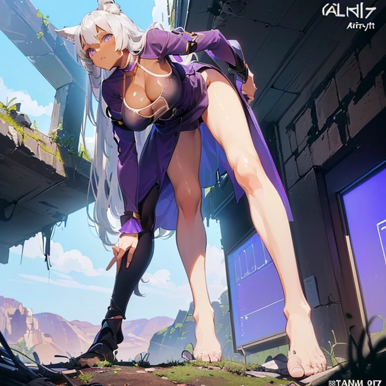 (8k, Realistic, RAW Photos, Highest quality, (from below:2), View your viewers: 1.3), (Fox Girl, Fox Ears, Silver Hair, One Girl, Long Hair, (Alone on the screen, dark skin), High definition:1.6), (Purple clothes, See-through:1.8), (Body measurements are 99-55-77!, Nice body, Big Breasts, slender, muscle, (Stand with your legs apart, I can see the valley, bent over):1.9),(美しいface, Delicate drawing, It is written down in detail), Avatar, face, 色っぽいface, Dominant representation, naughty face, Uplifting, Skin Texture, outside, ruins, Ruined City, Broken Building, There are no people