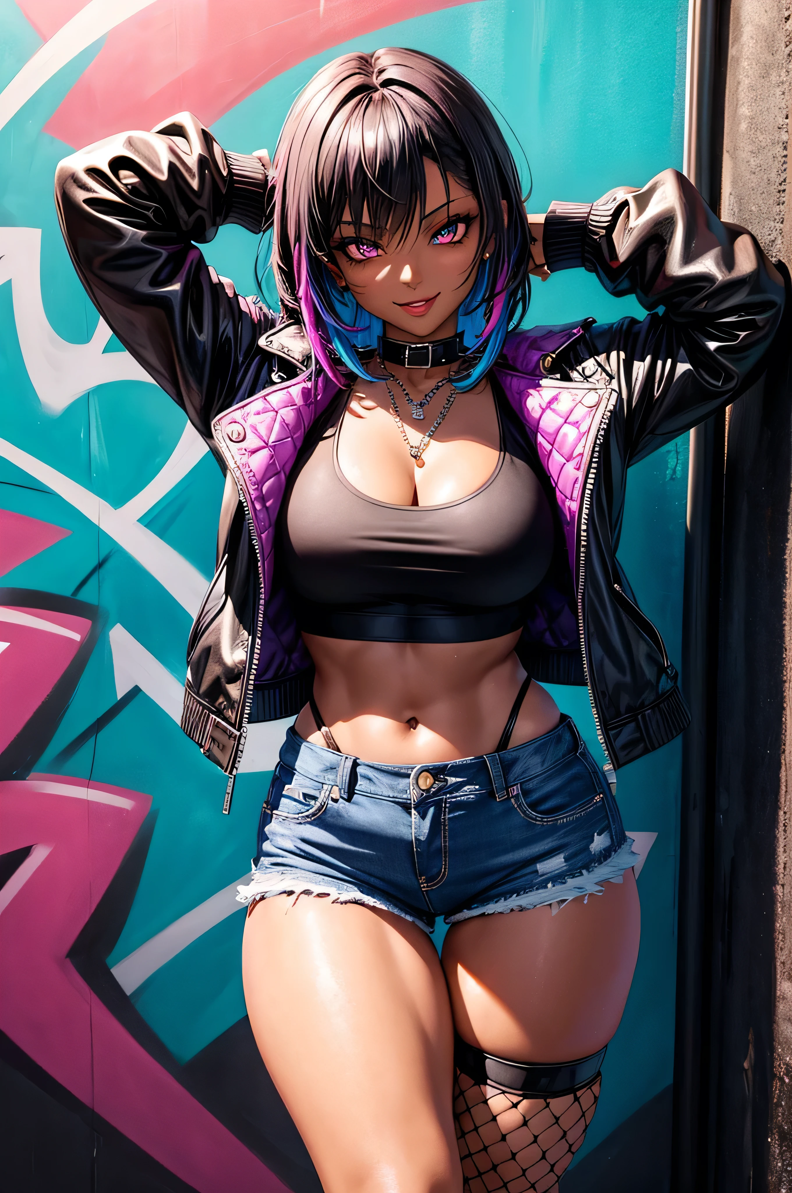 1 girl, anime style, dark skin, black woman, beautiful, 18 years, make-up, passionate look, naughty smile, waifu, close-up picture, zoom, portrait, colorful punk style, punk outfit, stylist, purple leather jacket, fishnet tank top, black jeans shorts, cleavage, fishnet pantyhose, fishnet leggings, leather gloves, standing, showing body, hands behind her head, posing in a dark alley, colorful graffiti on the walls, colorful walls, soft lighting, nighttime, midnight, ray tracing, award winning, photorealistic, 8k