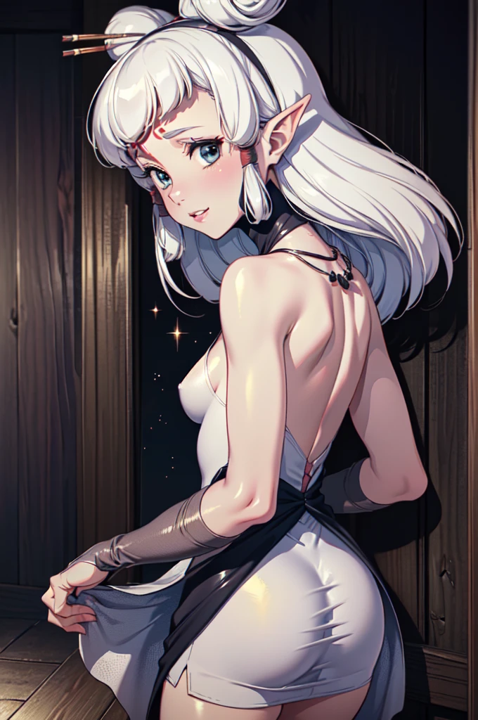 Paya, (masterpiece:1.1), (best quality:1.1), 1girl, Real light and shadow, anime face, 4k, 8k, wallpaper,epic, detail texture, Paya, elf ears, pointy ears, White hair, (blue eyes:1.5), ((((white hair:1.35, long hair)))),intricate eyes,beautiful detailed eyes, (symmetrical eyes,big eyes:1.5,(((lustrous skin:1.5,bright skin: 1.5,skin tanned,shiny skin,very shiny skin,shiny body,plastic glitter skin,exaggerated shiny skin,illuminated skin))),(detailed body,(detailed face)), cute, erotic,daring, jersey, number zero, basketball uniform, blue shorts, orange trim, shirt tucked in, from behind, tired, parted lips, looking at viewer, room, wooden wall, wooden floor, (Beautiful, small Breasts:1.2), natural breasts, best quality, masterpiece, very aesthetic, dress, jewelry, flower, wedding dress, veil, necklace, elbow gloves, smile, looking at viewer, (dynamic pose:1.0),happy,smile,(centered,scale to fit dimensions,Rule of thirds), highres,sharp focus,(ultra detailed,extremely detailed),(photorealistic artwork:1.37),(extremely detailed CG unity 8k wallpaper),(((vibrant colors,vibrant theme))),(intricate),(masterpiece),(best quality),
