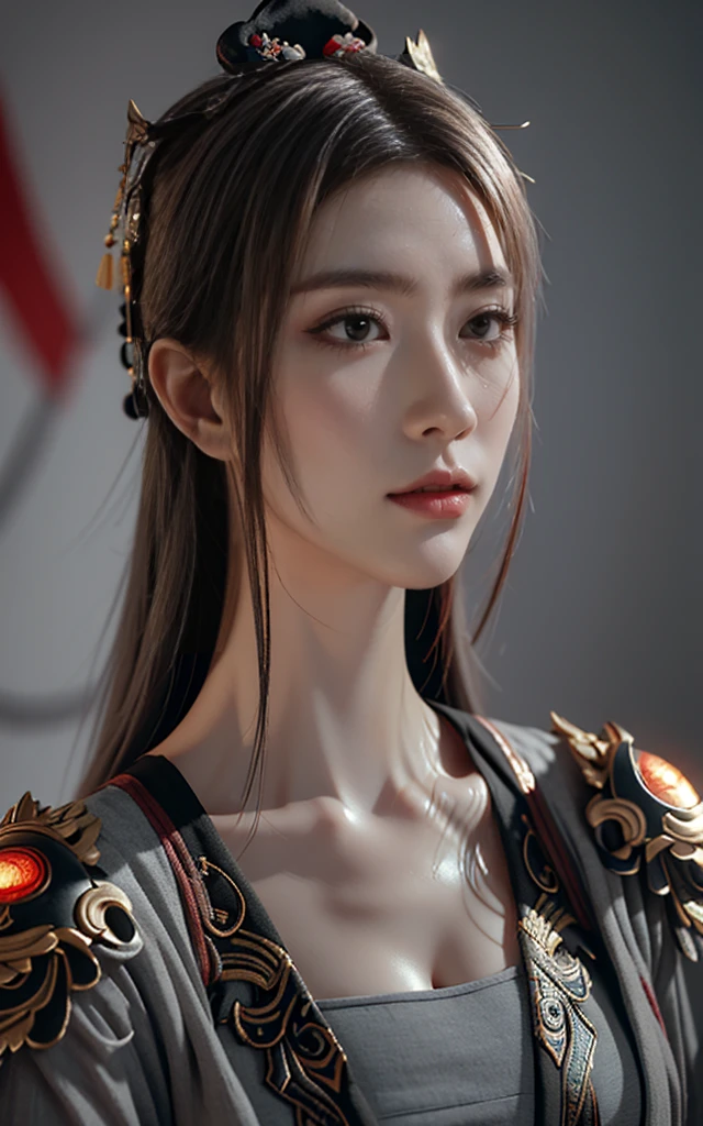 masterpiece,Game Art,Best picture quality,Maximum resolution,8K,(portrait),Unreal Engine 5 rendering works,(Digital Photography),((portrait Feature:1.5)),
20 year old girl,Short hair details,Long bangs,(The red eye makeup is carefully applied),(With long gray hair:1.4),(Large target, Full breasts),Elegance and nobility,Brave and charming,
(The future armor combines the characteristics of Chinese armor,hollow-carved design,Power Armor,Mysterious oriental runes,Exquisite clothing patterns,Magic Flash),Future Warrior,Cyberpunk Characters,War Background,
light,Ray Tracing,Game CG,((3D Unreal Engine)),OC rendering reflection mode