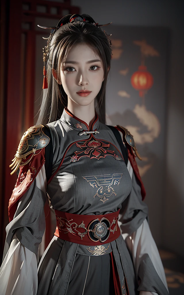 masterpiece,Game Art,Best picture quality,Maximum resolution,8K,(portrait),Unreal Engine 5 rendering works,(Digital Photography),((portrait Feature:1.5)),
20 year old girl,Short hair details,Long bangs,(The red eye makeup is carefully applied),(With long gray hair:1.4),(Large target, Full breasts),Elegance and nobility,Brave and charming,
(The future armor combines the characteristics of Chinese armor,hollow-carved design,Power Armor,Mysterious oriental runes,Exquisite clothing patterns,Magic Flash),Future Warrior,Cyberpunk Characters,War Background,
light,Ray Tracing,Game CG,((3D Unreal Engine)),OC rendering reflection mode