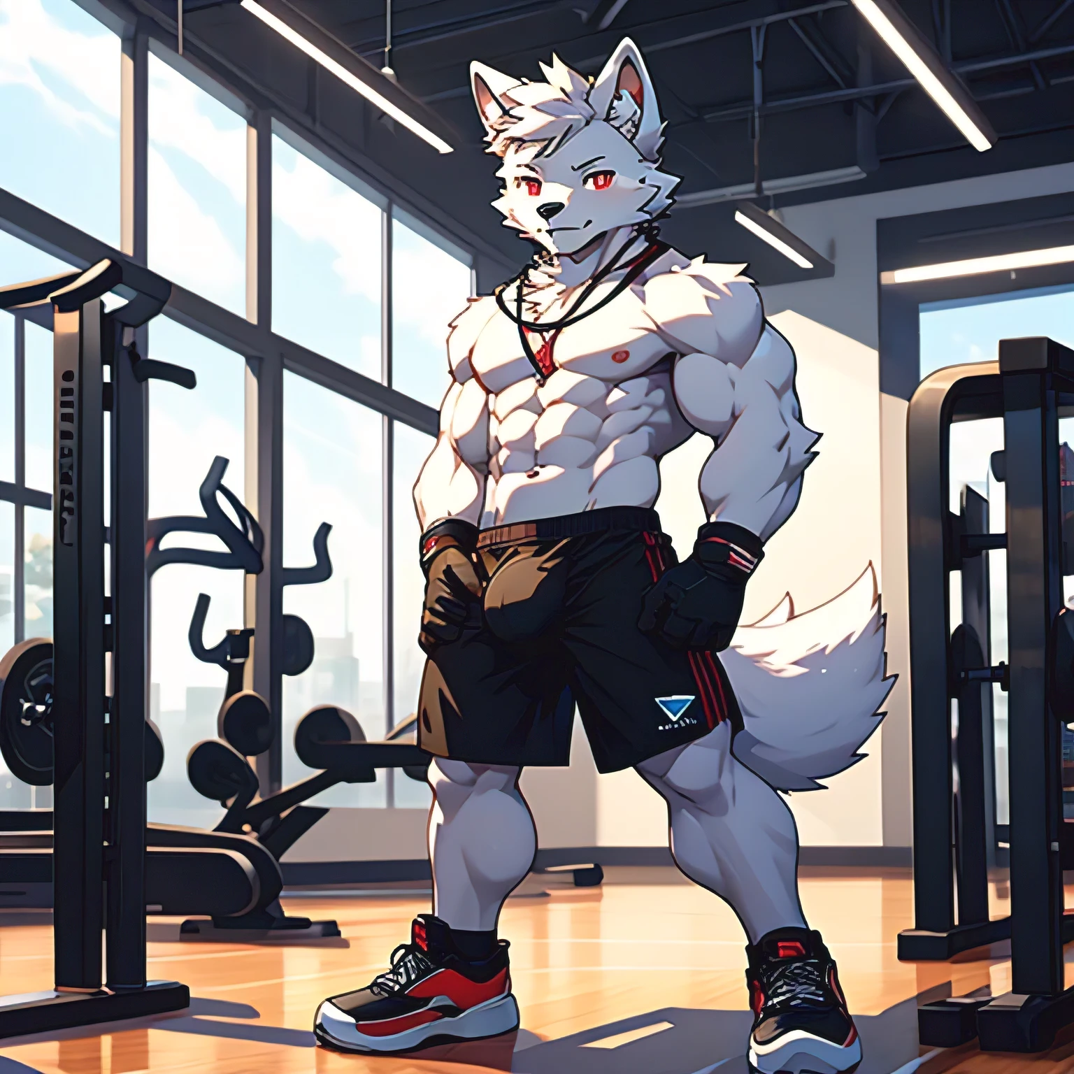 Full solo, body, teenager, furry white arctic fox, white short hair, red eyes, white ears, , medium strong body, without clothes, full naked, without shirt, black briefs, black sneakers, black sport gloves, very large bulge in the crotch, crotch about to burst, gym background