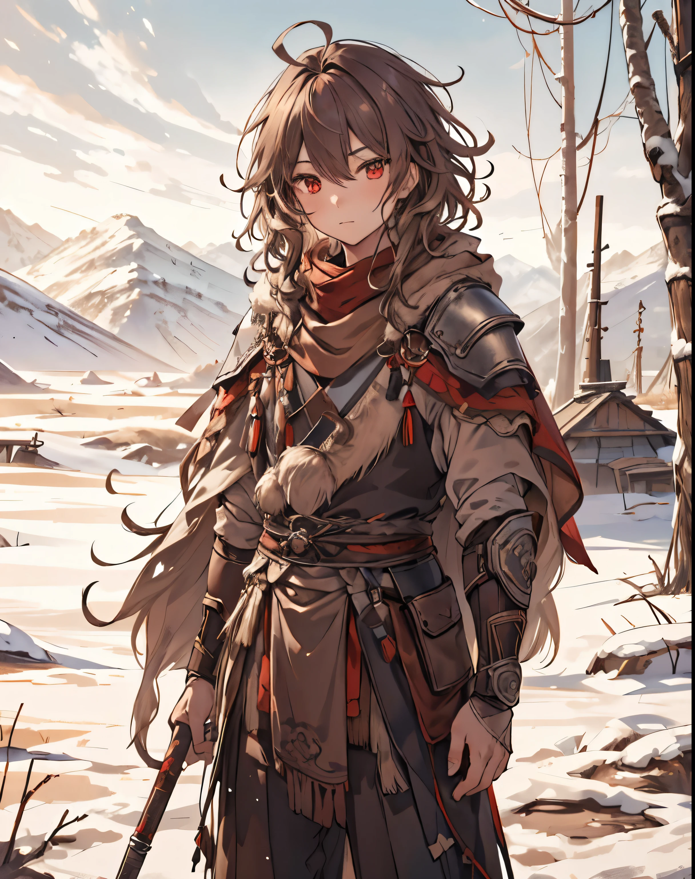 masterpiece, 1men, sparrow, a brown haired men, wearing a mongolian clothes, curly medium hair, messy hair, slim body, wearing villager clothes, he close her left eye, serious expression, red eyes, stand at snowy forest, ahoge, shawl, full armor, beautiful eyes, cute face, MongolPunkAI