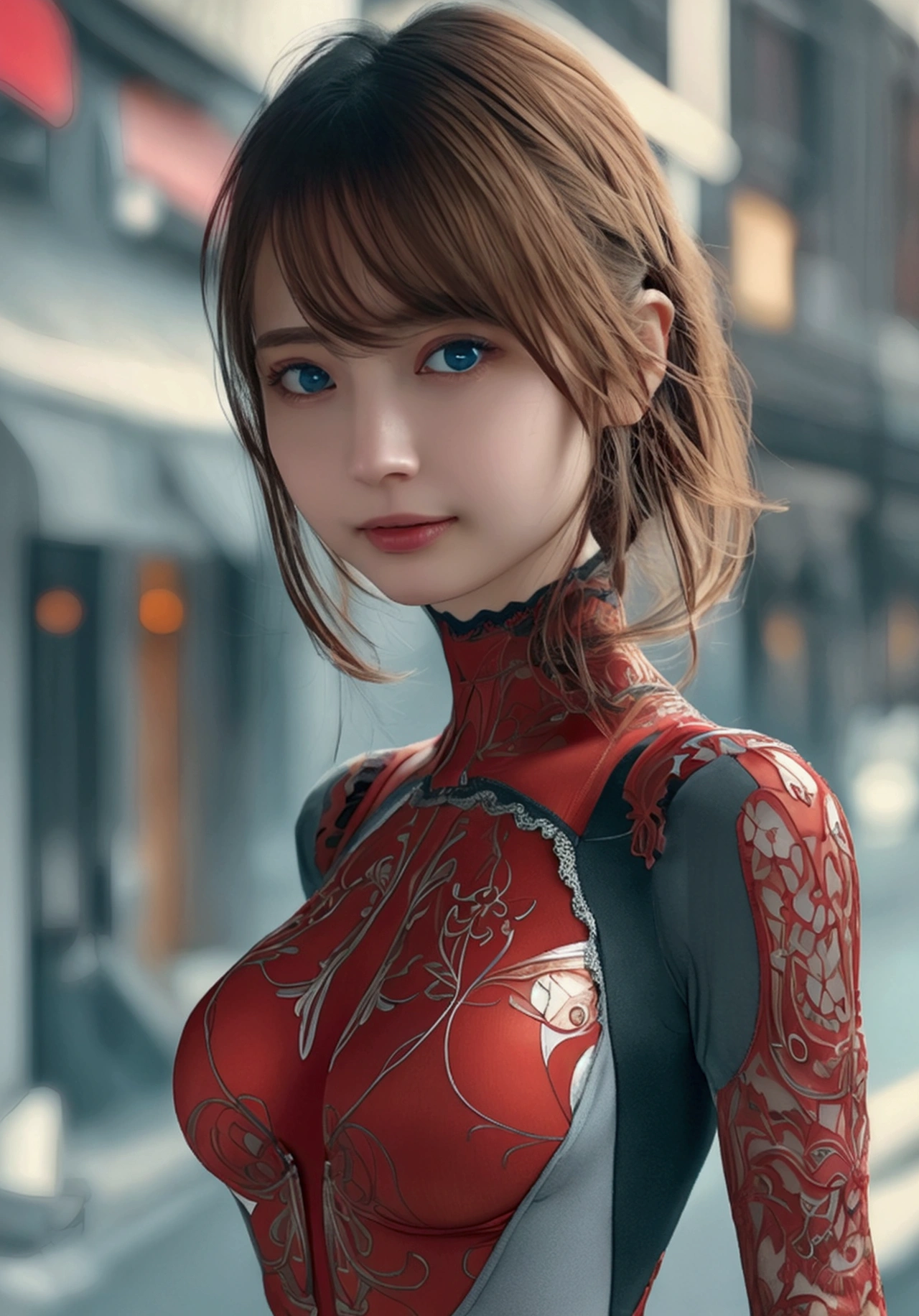 masterpiece, ((Very detailed background, Delicate pattern, Intricate details)), (Very detailed, Finer details), Highest quality, Beautiful lighting, ((Center of chest, Slim girl)), (High resolution:1.5),(practical:1.5),(reality:1.5), Not anime, 8k, realistic, High resolution, Clear photos, whole body, Head-to-foot image, Souryuu_Asuka_Langley, ((Bodysuits, red, metalic)), One Girl, (Interface headset, red, metalic), light brown Hair, Long Hair, Hair between the eyes, Blue eyes, smile, (Complex and detailed background, urban city, Modern Buildings, outside, Modern environment)