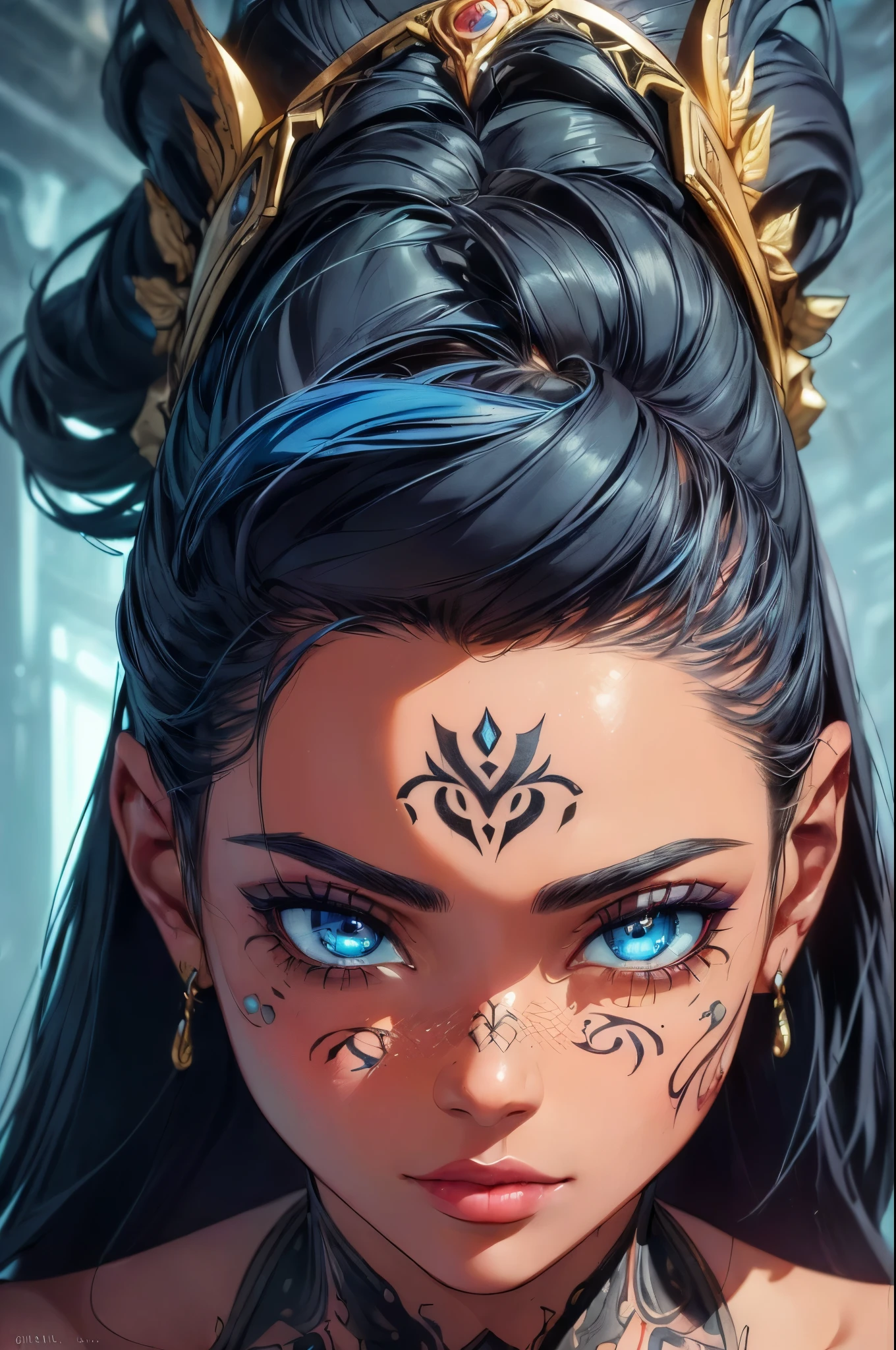 (((work of art))), (((best qualityer: 1.4))), ((super detaill: 1.4)), beautiful exotic features, neon amber eyes:1 Hyper-Detailed Facial Features, expressive face, detailed textures, blue skin tone, tattoo's, shader de pele natural, volumetrics, warm tones under your skin, ultra-high resolution