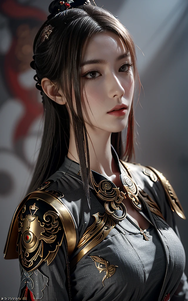 masterpiece,Game Art,Best picture quality,Maximum resolution,8K,(portrait),Unreal Engine 5 rendering works,(Digital Photography),((portrait Feature:1.5)),
20 year old girl,Short hair details,Long bangs,(The red eye makeup is carefully applied),(With long gray hair:1.4),(Large target, Full breasts),Elegance and nobility,Brave and charming,
(The future armor combines the characteristics of Chinese armor,hollow-carved design,Power Armor,Mysterious oriental runes,Exquisite clothing patterns,Magic Flash),Future Warrior,Cyberpunk Characters,War Background,
light，Ray Tracing，Game CG，((3D Unreal Engine))，OC rendering reflection mode